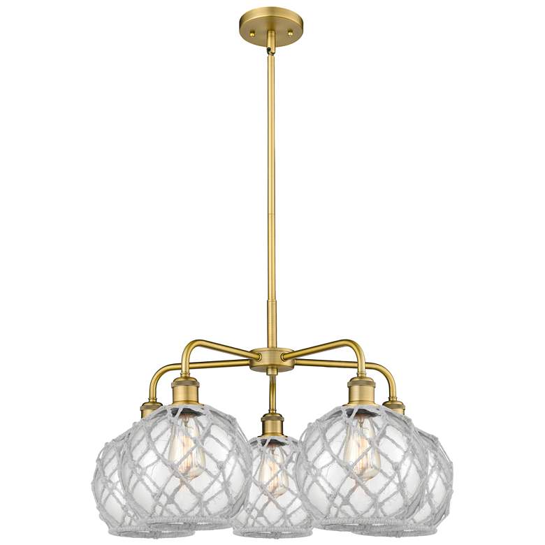 Image 1 Ballston Farmhouse 27"W 5-Lt Brush Brass Chandelier w/ Clear White Shade