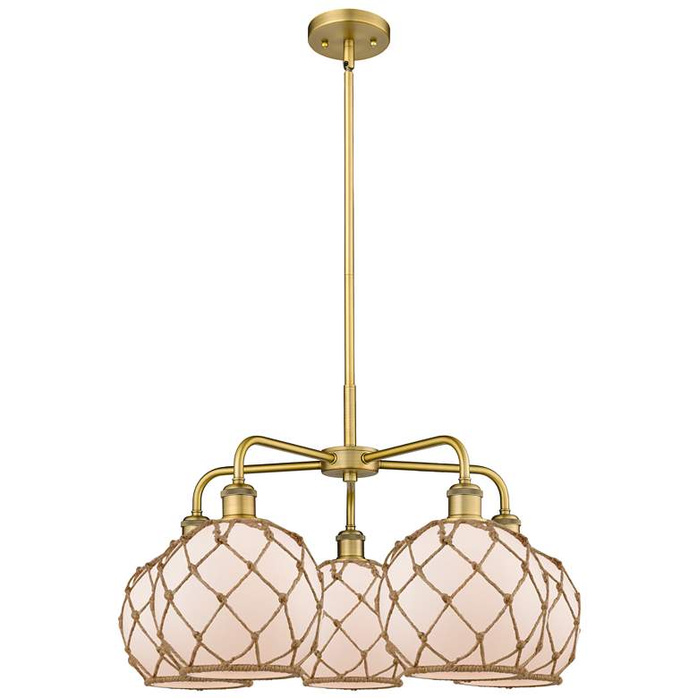 Image 1 Ballston Farmhouse 27"W 5-Lt Brush Brass Chandelier w/ White Brown Shade