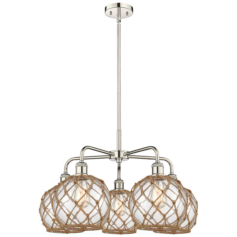 Image 1 Ballston Farmhouse 27"W 5-Lt Polish Nickel Chandelier w/ Clear Brown Shade