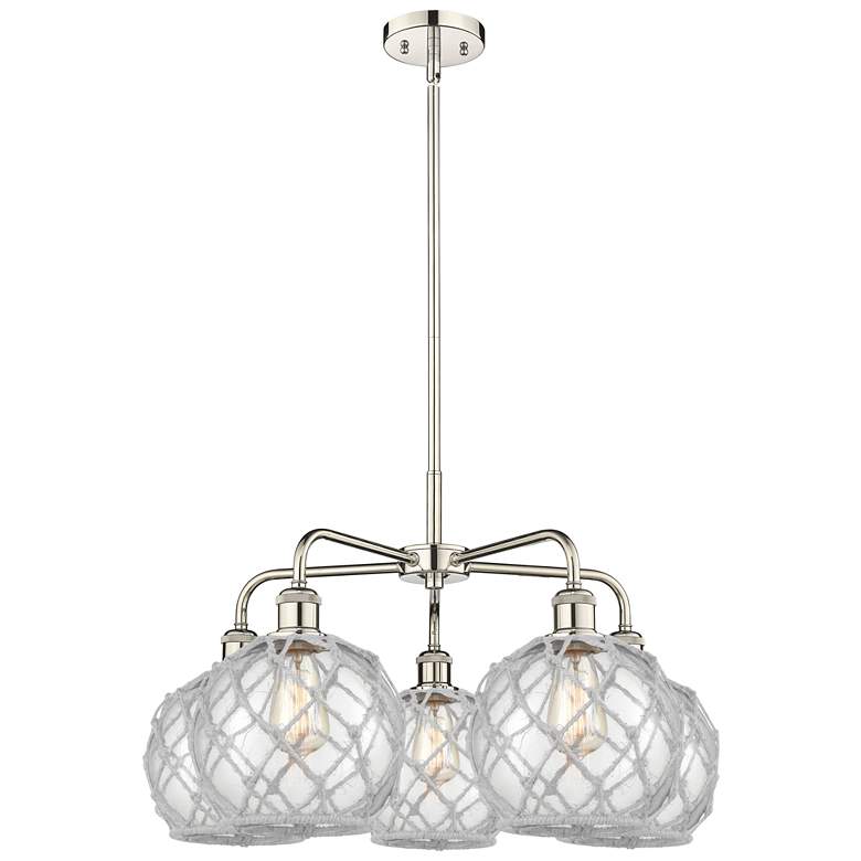 Image 1 Ballston Farmhouse 27"W 5-Lt Polish Nickel Chandelier w/ Clear White Shade
