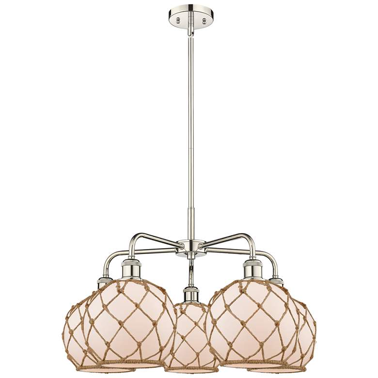 Image 1 Ballston Farmhouse 27"W 5-Lt Polish Nickel Chandelier w/ White Brown Shade