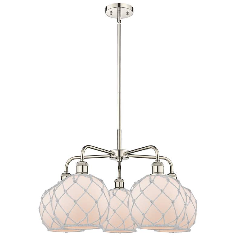 Image 1 Ballston Farmhouse 27"W 5-Lt Polish Nickel Stem Chandelier w/ White Shade