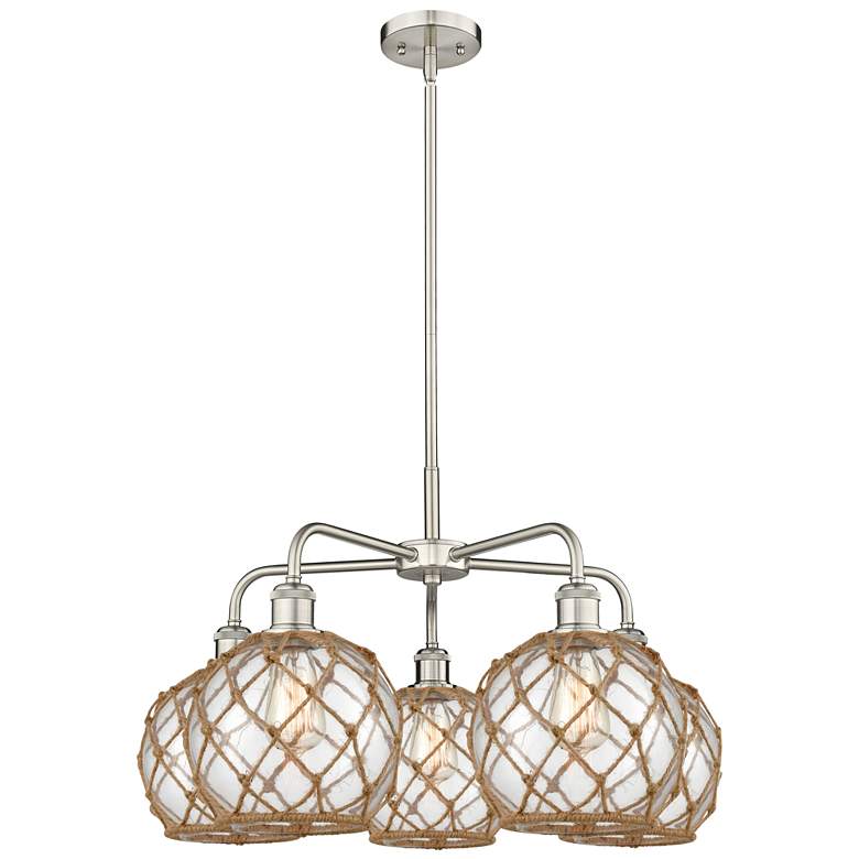 Image 1 Ballston Farmhouse 27"W 5-Lt Satin Nickel Chandelier w/ Clear Brown Shade