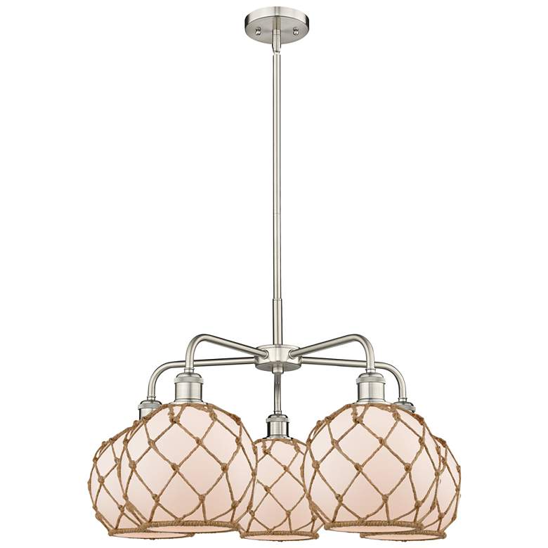 Image 1 Ballston Farmhouse 27"W 5-Lt Satin Nickel Chandelier w/ White Brown Shade