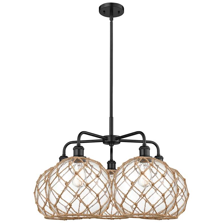 Image 1 Ballston Farmhouse 29"W 5 Light Black Stem Chandelier w/ Clear Brown Shade