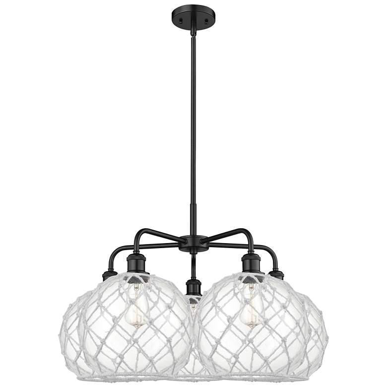 Image 1 Ballston Farmhouse 29"W 5 Light Black Stem Chandelier w/ Clear White Shade