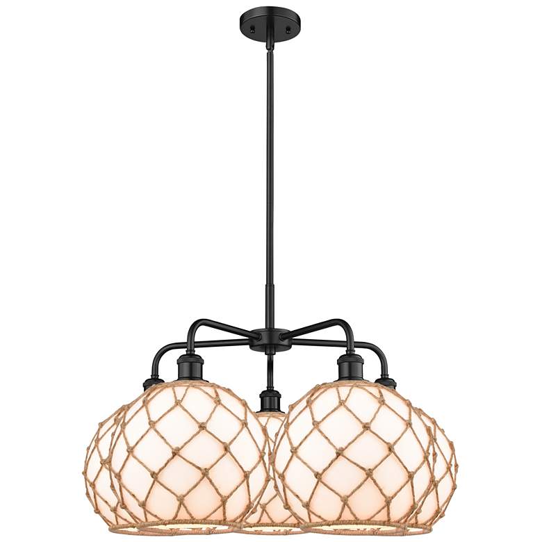 Image 1 Ballston Farmhouse 29"W 5 Light Black Stem Chandelier w/ White Brown Shade