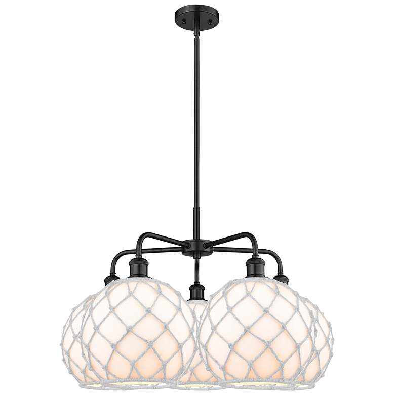 Image 1 Ballston Farmhouse 29"W 5 Light Black Stem Chandelier w/ White Shade