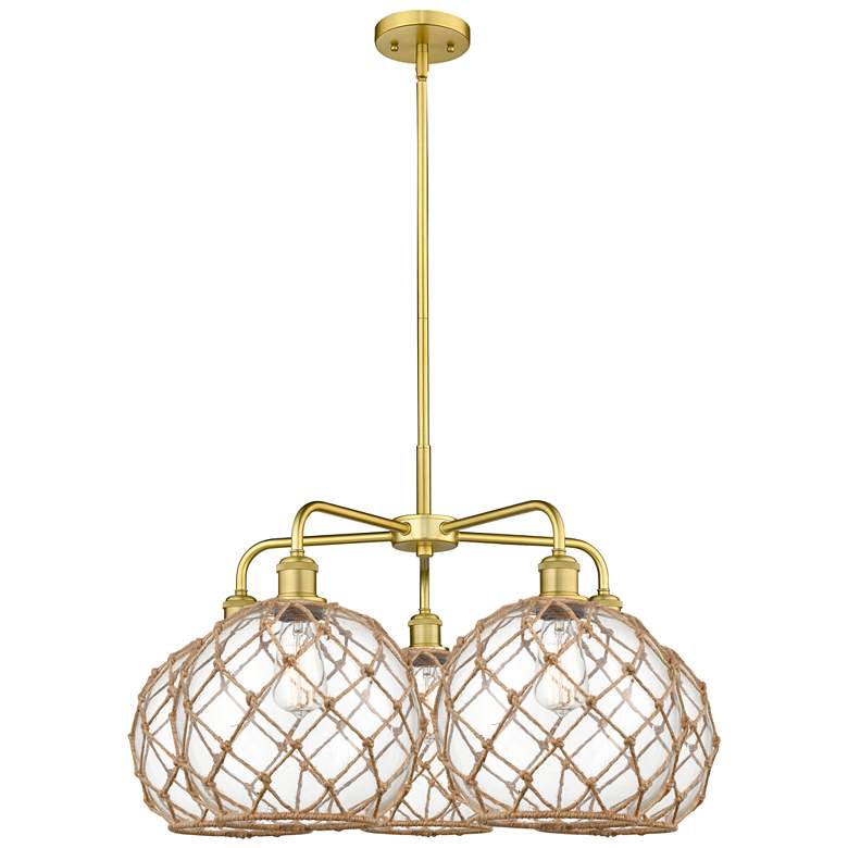 Image 1 Ballston Farmhouse 29"W 5 Light Gold Stem Chandelier w/ Clear Brown Shade