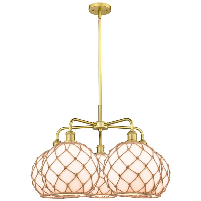 Image 1 Ballston Farmhouse 29"W 5 Light Gold Stem Chandelier w/ White Brown Shade