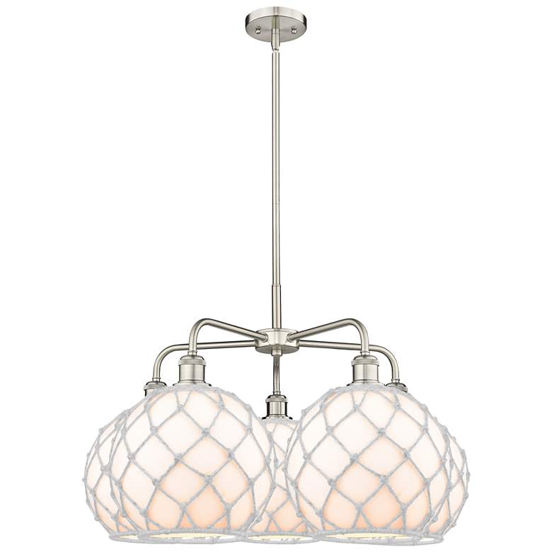Image 1 Ballston Farmhouse 29"W 5 Light Satin Nickel Stem Chandelier w/ White Shade