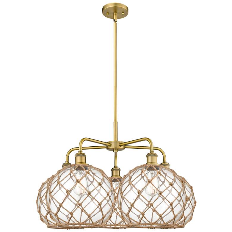 Image 1 Ballston Farmhouse 29"W 5-Lt Brush Brass Chandelier w/ Clear Brown Shade