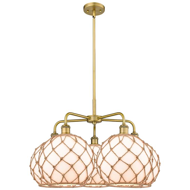 Image 1 Ballston Farmhouse 29"W 5-Lt Brush Brass Chandelier w/ White Brown Shade