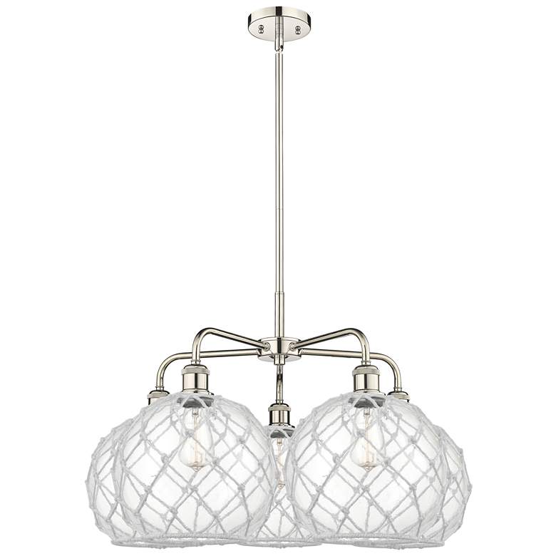 Image 1 Ballston Farmhouse 29"W 5-Lt Polish Nickel Chandelier w/ Clear White Shade