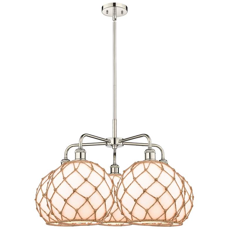 Image 1 Ballston Farmhouse 29"W 5-Lt Polish Nickel Chandelier w/ White Brown Shade