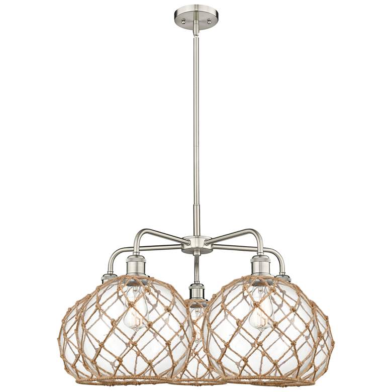 Image 1 Ballston Farmhouse 29"W 5-Lt Satin Nickel Chandelier w/ Clear Brown Shade