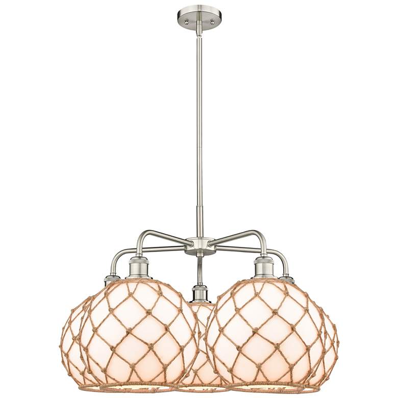 Image 1 Ballston Farmhouse 29"W 5-Lt Satin Nickel Chandelier w/ White Brown Shade