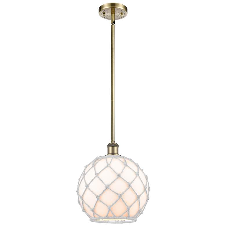 Image 1 Ballston Farmhouse Rope 10"W Brass Stem Pendant w/ White Glass Shade