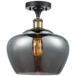 Ballston Fenton 11" Wide Black Brass Semi Flush Mount w/ Plated Smoke