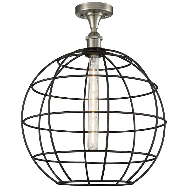 Image 1 Ballston Lake Placid 16"W Satin Nickel Semi.Flush Mount With Black Sha