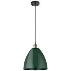 Ballston Plymouth Dome 12"W Black Brass Corded Mini Pendant w/ Green S