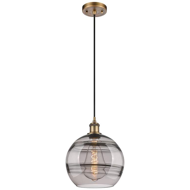 Image 1 Ballston Rochester 10"W Brushed Brass Corded Mini Pendant w/ Smoke Sha