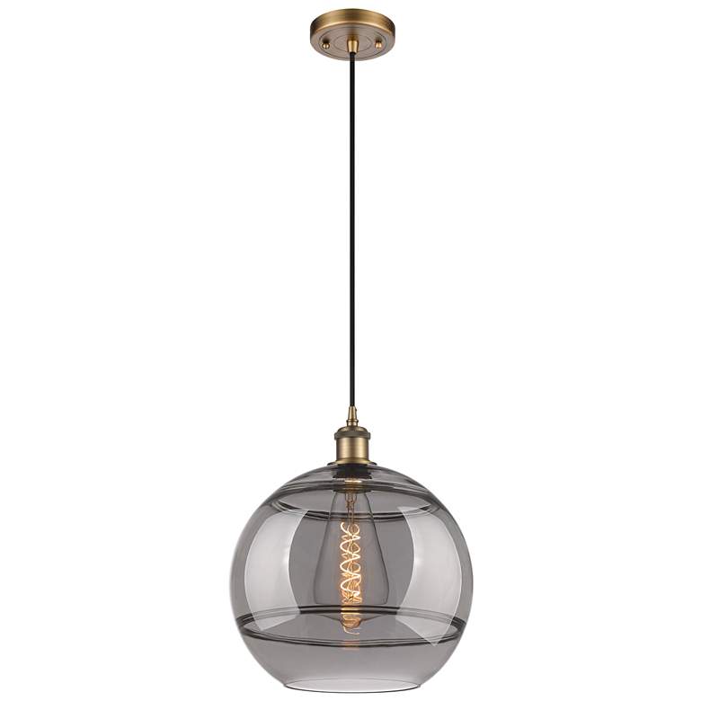Image 1 Ballston Rochester 12"W Brushed Brass Corded Mini Pendant w/ Smoke Sha
