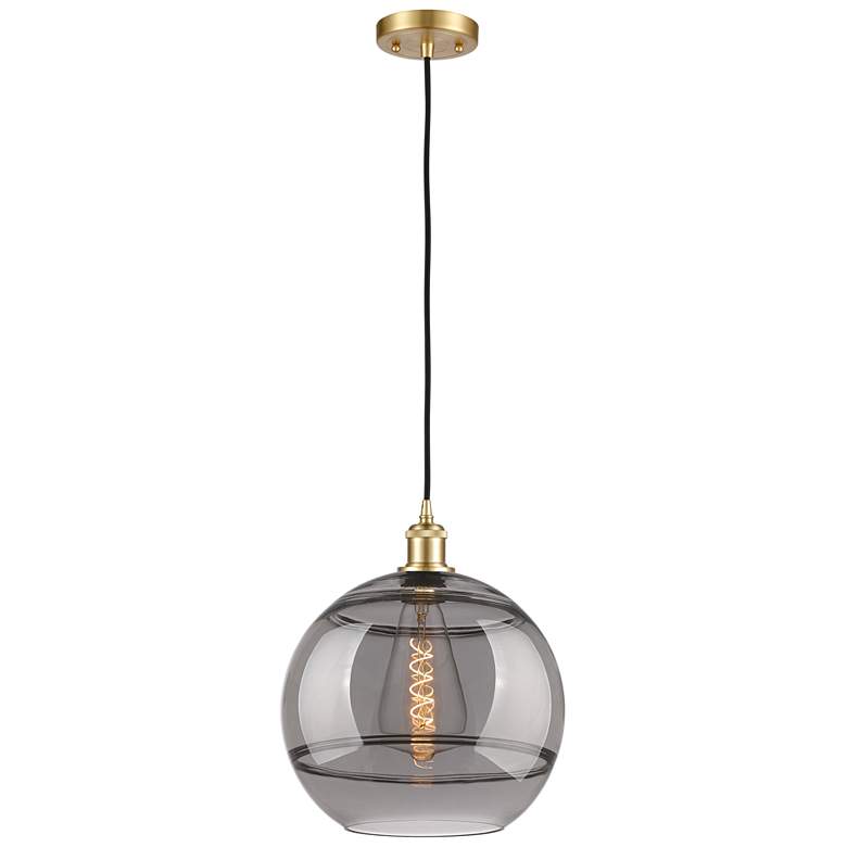 Image 1 Ballston Rochester 12"W Satin Gold Corded Mini Pendant w/ Light Smoke