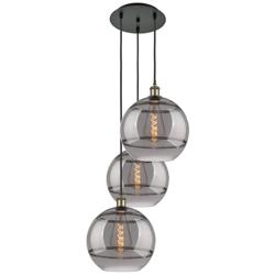 Ballston Rochester 18.5"W 3-Light Black Brass Corded Pendant w/ Smoke