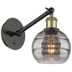 Ballston Rochester 7.88"H Black Brass Adjustable Sconce w/ Smoke Shade