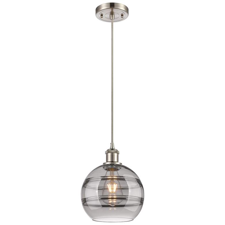 Image 1 Ballston Rochester 8"W Satin Nickel Corded Mini Pendant w/ Smoke Shade