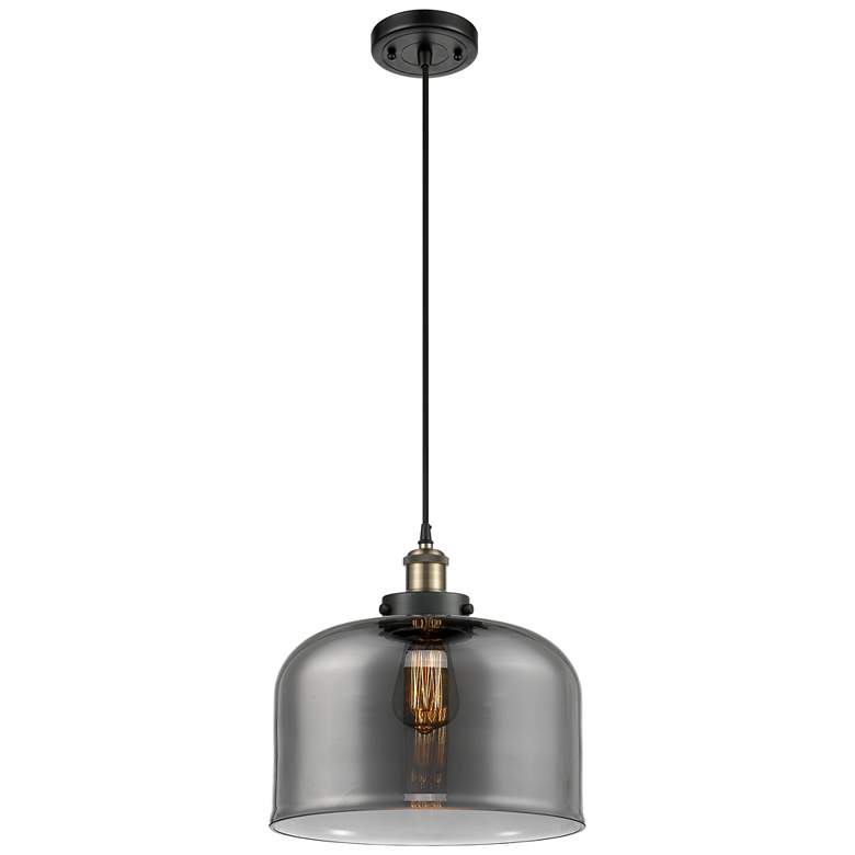 Image 1 Ballston Urban Bell 12" Black Brass Corded Mini Pendant w/ Smoke Shade