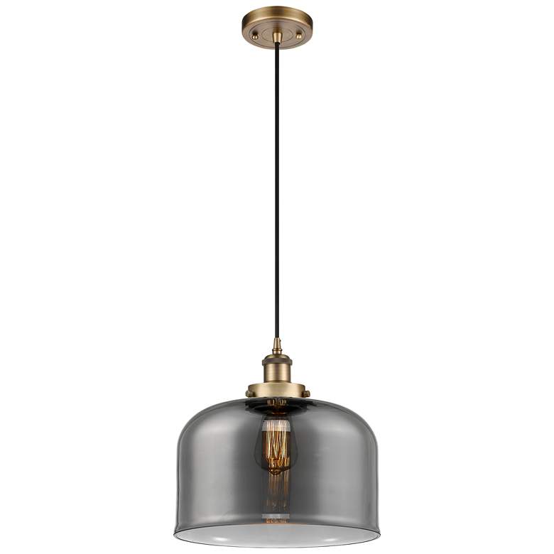 Image 1 Ballston Urban Bell 12" Brushed Brass Corded Mini Pendant w/ Smoke Sha