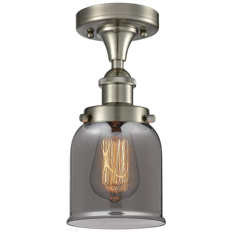Image 1 Ballston Urban Bell 5"W Satin Nickel Semi.Flush Mount w/ Smoke Shade