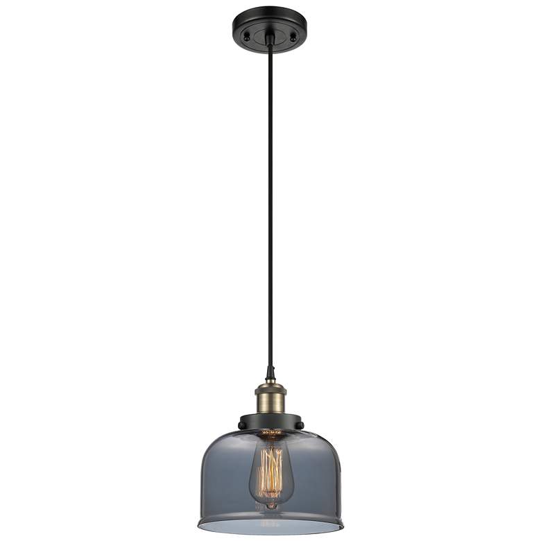 Image 1 Ballston Urban Bell 8" Black Brass Corded Mini Pendant w/ Smoke Shade