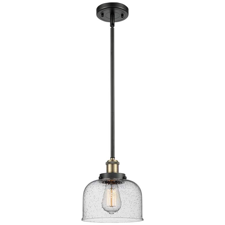 Image 1 Ballston Urban Bell 8" Black Brass Stemmed Mini Pendant w/ Seedy Shade
