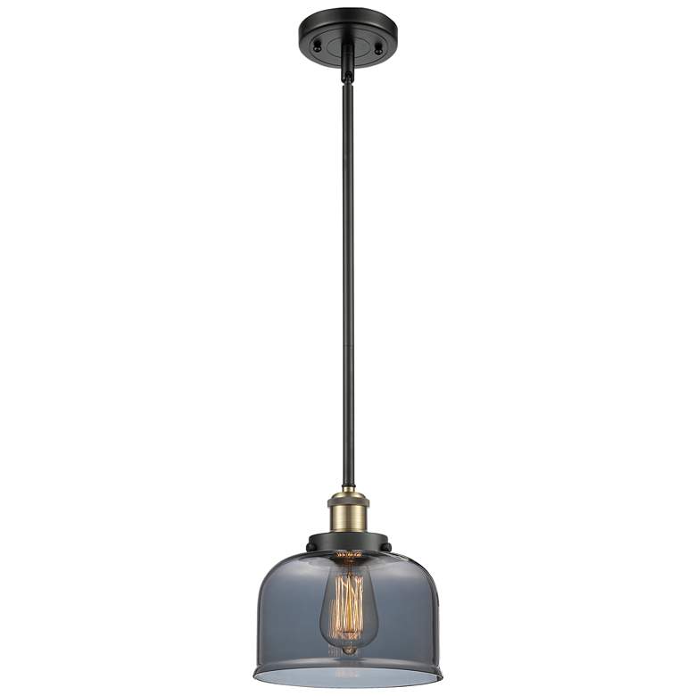 Image 1 Ballston Urban Bell 8" Black Brass Stemmed Mini Pendant w/ Smoke Shade