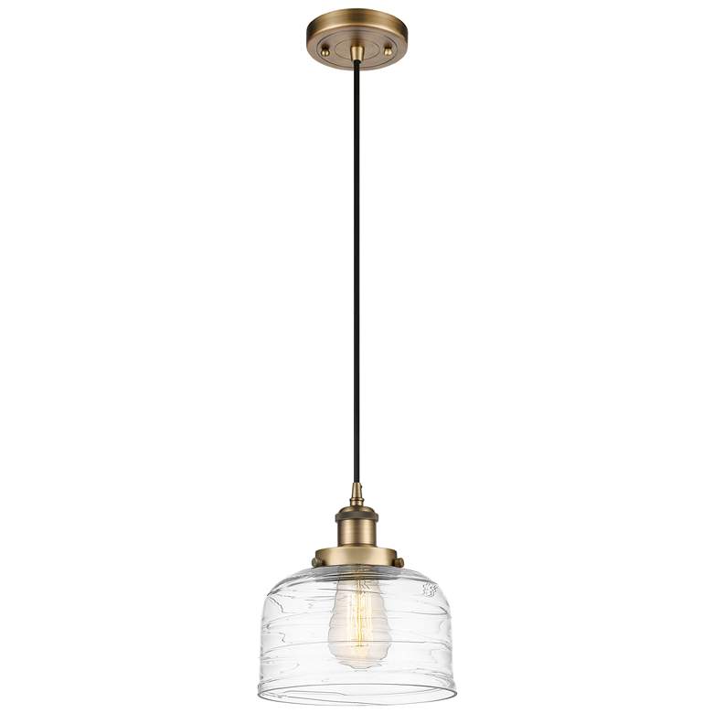 Image 1 Ballston Urban Bell 8" Brushed Brass Corded Mini Pendant w/ Deco Shade