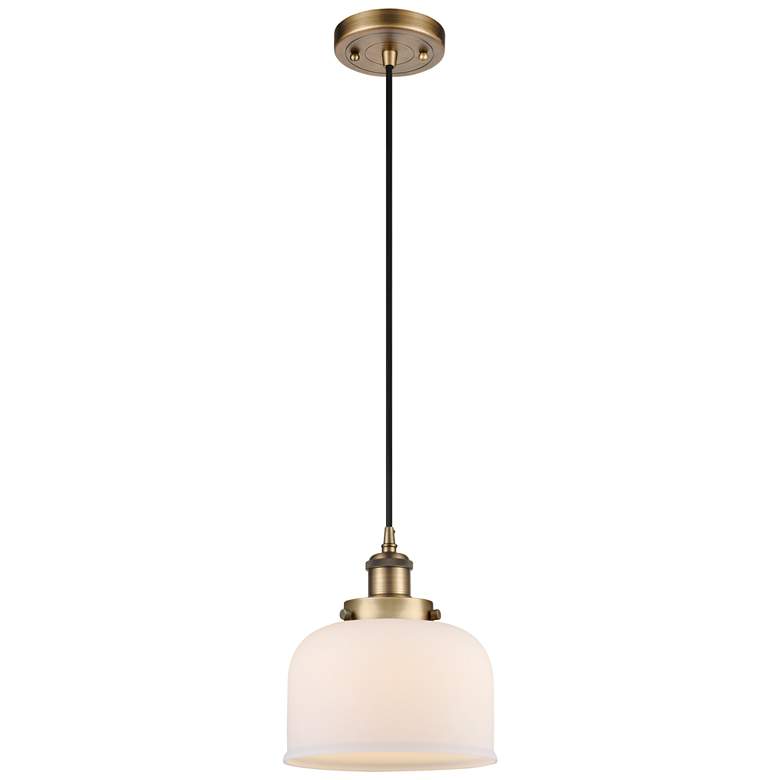 Image 1 Ballston Urban Bell 8" Brushed Brass Corded Mini Pendant w/ White Shad
