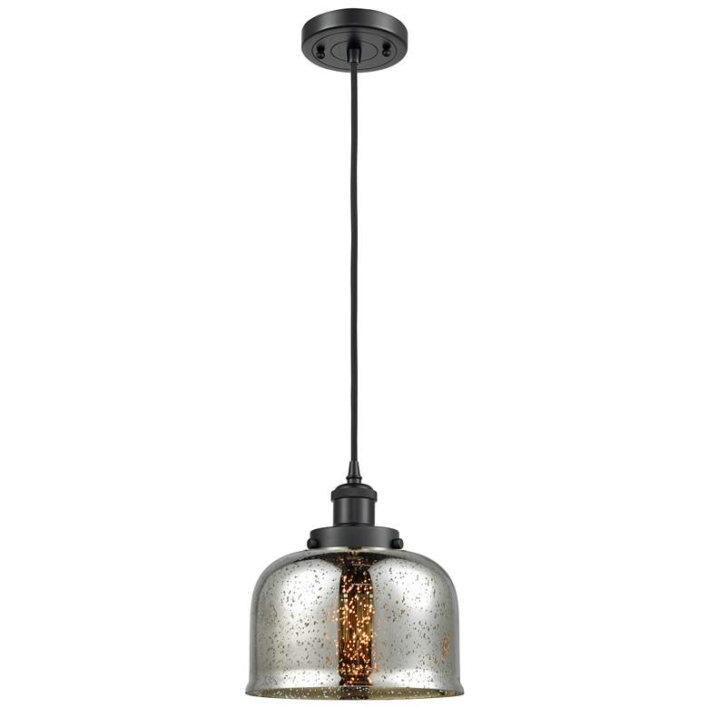 Image 1 Ballston Urban Bell 8" Matte Black Corded Mini Pendant w/ Mercury Shad