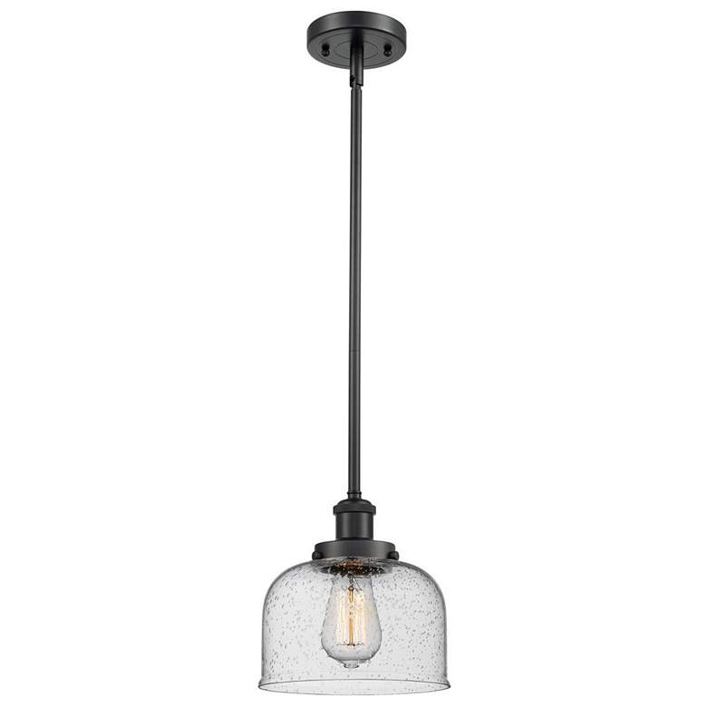 Image 1 Ballston Urban Bell 8" Matte Black Stemmed Mini Pendant w/ Seedy Shade