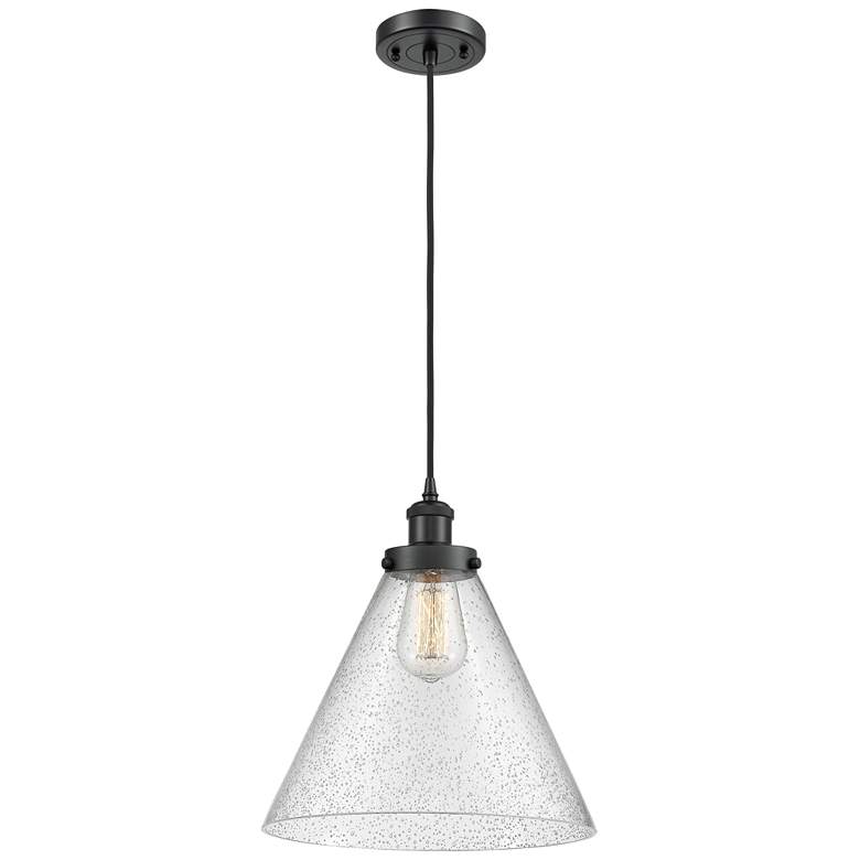 Image 1 Ballston Urban Cone 10" Black LED Corded Mini Pendant w/ Seedy Shade