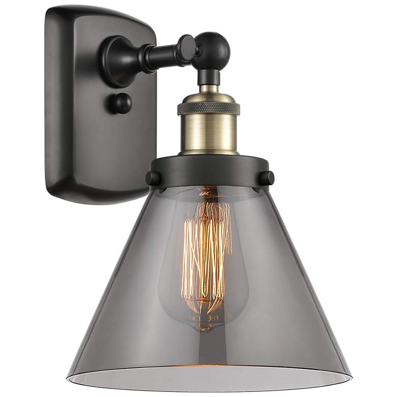 Image 1 Ballston Urban Cone 13" High Black Brass Sconce w/ Plated Smoke Shade