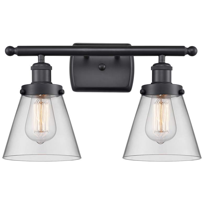 Image 1 Ballston Urban Cone 16"W 2 Light Matte Black Bath Light w/ Clear Shade