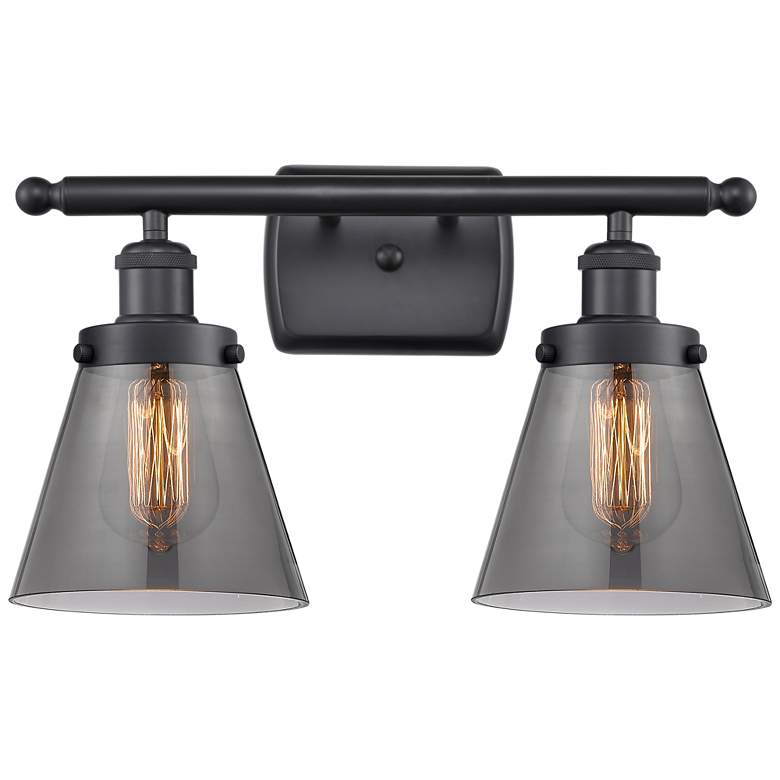 Image 1 Ballston Urban Cone 16"W 2 Light Matte Black Bath Light w/ Smoke Shade