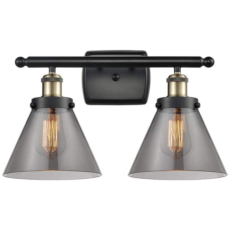 Image 1 Ballston Urban Cone 18 inch 2 Light Black Brass LED Bath Light w/ Smoke Sh