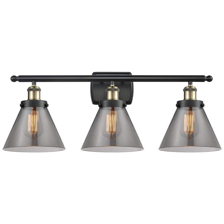 Image 1 Ballston Urban Cone 28" 3 Light Black Brass Bath Light w/ Smoke Shade