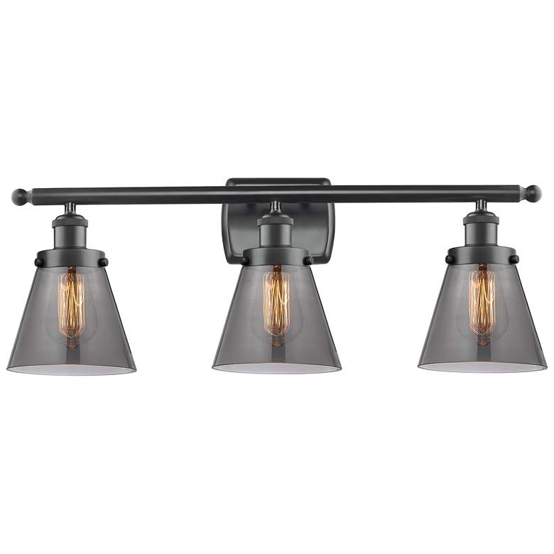 Image 1 Ballston Urban Cone 6" 26"W 3 Light Matte Black Bath Light w/ Smo