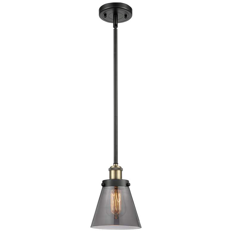 Image 1 Ballston Urban Cone 6" Black Brass Stemmed Mini Pendant w/ Smoke Shade