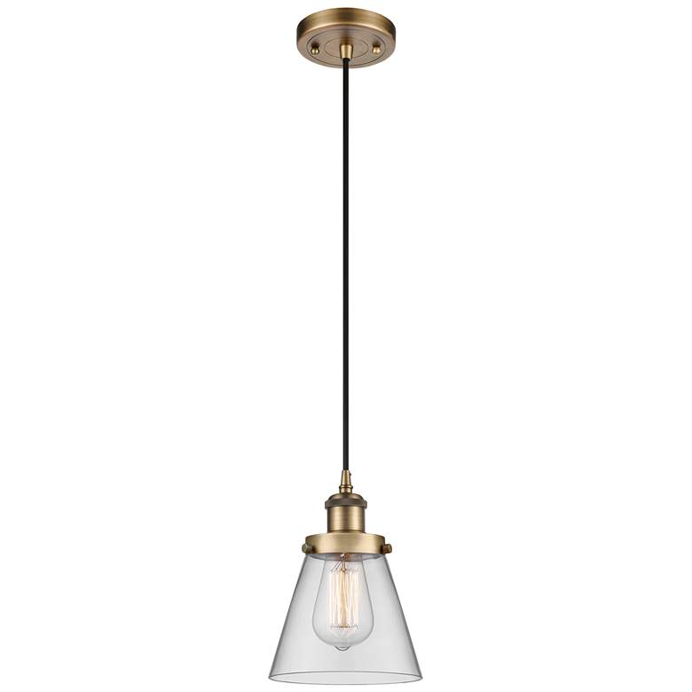 Image 1 Ballston Urban Cone 6" Brushed Brass Corded Mini Pendant w/ Clear Shad